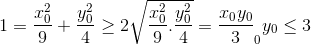 1=\frac{x_{0}^{2}}{9}+\frac{y_{0}^{2}}{4}\geq 2\sqrt{\frac{x_{0}^{2}}{9}.\frac{y_{0}^{2}}{4}}=\frac{x_{0}y_{0}}{3}\Leftrightarrow x_{0}y_{0}\leq 3