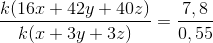 \frac{k(16x+42y+40z)}{k(x+3y+3z)}=\frac{7,8}{0,55}