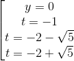 \left [\begin{matrix} y=0 & & & \\ t=-1 & & & \\ t=-2-\sqrt{5} & & & \\ t=-2+\sqrt{5} & & & \end{matrix}