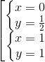 \left [\begin{matrix} \left\{\begin{matrix} x=0 & & \\ y=\frac{1}{2} & & \end{matrix}\right. & & \\ \left\{\begin{matrix} x=1 & & \\ y=1 & & \end{matrix}\right. & & \end{matrix}