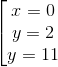 \left [ \begin{matrix} x=0\\ y=2 \\ y=11 \end{matrix}