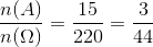 \frac{n(A)}{n(\Omega )}=\frac{15}{220}=\frac{3}{44}