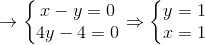 \rightarrow \left\{\begin{matrix} x-y=0 & \\ 4y-4=0 & \end{matrix}\right.\Rightarrow \left\{\begin{matrix} y=1 & \\ x=1 & \end{matrix}\right.