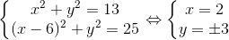 \left\{\begin{matrix} x^{2}+y^{2}=13 & \\ (x-6)^{2}+y^{2}=25 & \end{matrix}\right.\Leftrightarrow \left\{\begin{matrix} x=2 & \\ y=\pm 3 & \end{matrix}\right.