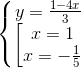 \left\{\begin{matrix} y=\frac{1-4x}{3} & & \\ \left [\begin{matrix} x=1 & & \\ x = -\frac{1}{5} & & \end{matrix} & & \end{matrix}\right.