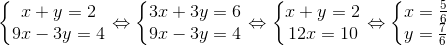 \left\{\begin{matrix} x+y=2\\ 9x-3y=4 \end{matrix}\right.\Leftrightarrow \left\{\begin{matrix} 3x+3y=6\\ 9x-3y=4 \end{matrix}\right.\Leftrightarrow \left\{\begin{matrix} x+y=2\\ 12x=10 \end{matrix}\right.\Leftrightarrow \left\{\begin{matrix} x=\frac{5}{6}\\ y=\frac{7}{6} \end{matrix}\right.