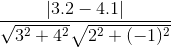 \frac{|3.2-4.1|}{\sqrt{3^{2}+4^{2}}\sqrt{2^{2}+(-1)^{2}}}