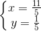 \left\{\begin{matrix} x=\frac{11}{5}\\ y=\frac{1}{5} \end{matrix}\right.