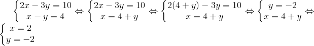 \left\{\begin{matrix} 2x-3y=10\\ x-y=4 \end{matrix}\right.\Leftrightarrow \left\{\begin{matrix} 2x-3y=10\\ x=4+y \end{matrix}\right.\Leftrightarrow \left\{\begin{matrix} 2(4+y)-3y=10\\ x=4+y \end{matrix}\right.\Leftrightarrow \left\{\begin{matrix} y=-2\\ x=4+y \end{matrix}\right.\Leftrightarrow \left\{\begin{matrix} x=2\\ y=-2 \end{matrix}\right.