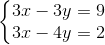 \left\{\begin{matrix} 3x - 3y = 9 & \\ 3x - 4y = 2 & \end{matrix}\right.