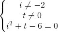 \left\{\begin{matrix} t\neq -2\\ t\neq 0\\ t^{2}+t-6=0 \end{matrix}\right.