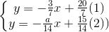 \left\{\begin{matrix} y=-\frac{3}{7}x+\frac{20}{7} & (1) \\ y=-\frac{a}{14}x+\frac{15}{14} & (2)) \end{matrix}\right.