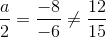 \frac{a}{2}=\frac{-8}{-6}\neq \frac{12}{15}