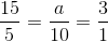 \frac{15}{5}=\frac{a}{10}=\frac{3}{1}