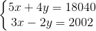 \left\{\begin{matrix} 5x+4y=18040\\ 3x-2y=2002 \end{matrix}\right.