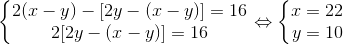 \left\{\begin{matrix} 2(x-y)-[2y-(x-y)]=16\\ 2[2y-(x-y)]=16 \end{matrix}\right.\Leftrightarrow \left\{\begin{matrix} x=22\\ y=10 \end{matrix}\right.