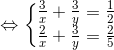 \Leftrightarrow \left\{\begin{matrix} \frac{3}{x}+\frac{3}{y}=\frac{1}{2}\\ \frac{2}{x}+\frac{3}{y}=\frac{2}{5} \end{matrix}\right.