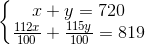 \left\{\begin{matrix} x+y=720\\ \frac{112x}{100}+\frac{115y}{100}=819 \end{matrix}\right.