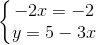 \left\{\begin{matrix} -2x=-2\\ y=5-3x \end{matrix}\right.