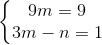 \left\{\begin{matrix} 9m=9\\ 3m-n=1 \end{matrix}\right.