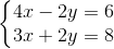 \left\{\begin{matrix} 4x-2y=6\\ 3x+2y=8 \end{matrix}\right.