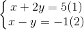 \left\{\begin{matrix} x+2y=5(1)\\ x-y=-1 (2)\end{matrix}\right.