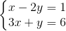 \left\{\begin{matrix} x-2y=1\\ 3x+y=6 \end{matrix}\right.