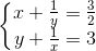 \left\{\begin{matrix} x+\frac{1}{y}=\frac{3}{2}\\ y+\frac{1}{x}=3 \end{matrix}\right.