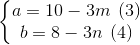 \left\{\begin{matrix} a = 10 - 3m \: \: (3)\\ b = 8 - 3n \: \: (4) \end{matrix}\right.