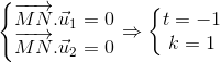 \left\{\begin{matrix} \overrightarrow{MN}.\vec{u}_{1}=0\\ \overrightarrow{MN}.\vec{u}_{2}=0 \end{matrix}\right.\Rightarrow \left\{\begin{matrix} t=-1\\ k=1 \end{matrix}\right.