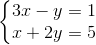 \left\{\begin{matrix} 3x-y=1\\ x+2y=5 \end{matrix}\right.