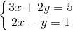 \left\{\begin{matrix} 3x+2y=5\\ 2x-y=1 \end{matrix}\right.