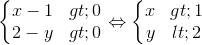 \left\{\begin{matrix} x-1>0\\ 2-y>0 \end{matrix}\right.\Leftrightarrow \left\{\begin{matrix} x>1\\ y<2 \end{matrix}\right.