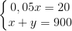 \left\{\begin{matrix} 0,05x=20\\ x+y=900 \end{matrix}\right.