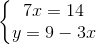 \left\{\begin{matrix} 7x=14\\ y=9-3x \end{matrix}\right.