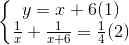 \left\{\begin{matrix} y=x+6 & (1)\\ \frac{1}{x}+\frac{1}{x+6}=\frac{1}{4} & (2) \end{matrix}\right.