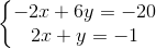 \left\{\begin{matrix} -2x+6y=-20\\ 2x+y=-1 \end{matrix}\right.