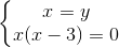 \left\{\begin{matrix} x = y & \\ x(x - 3) = 0 & \end{matrix}\right.