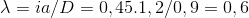 \lambda = ia/D = 0,45.1,2/0,9 = 0,6\mu m