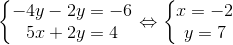 \left\{\begin{matrix} -4y-2y=-6\\ 5x+2y=4 \end{matrix}\right.\Leftrightarrow \left\{\begin{matrix} x=-2\\ y=7 \end{matrix}\right.