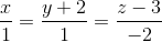 \frac{x}{1}=\frac{y+2}{1}=\frac{z-3}{-2}