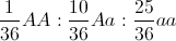 \frac{1}{36}AA:\frac{10}{36}Aa:\frac{25}{36}aa