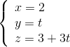 \left\{ \begin{array}{l} x = 2\\ y = t\\ z = 3 + 3t \end{array} \right.