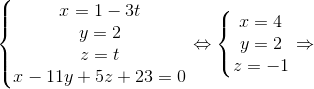 \left\{\begin{matrix} x=1-3t\\ y=2\\ z=t\\ x-11y+5z+23=0 \end{matrix}\right.\Leftrightarrow \left\{\begin{matrix} x=4\\ y=2\\ z=-1 \end{matrix}\right.\Rightarrow