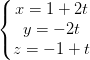 \dpi{100} \left\{\begin{matrix} x=1+2t\\ y=-2t\\ z=-1+t \end{matrix}\right.