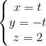 \left\{\begin{matrix} x=t\\ y=-t\\ z=2\end{matrix}\right.