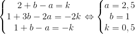 \left\{\begin{matrix} 2+b-a=k\\ 1+3b-2a=-2k\\ 1+b-a=-k \end{matrix}\right.\Leftrightarrow \left\{\begin{matrix} a=2,5\\ b=1\\ k=0,5 \end{matrix}\right.