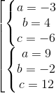 \left [\begin{matrix} \left\{\begin{matrix} a=-3 & & \\ b=4 & & \\ c=-6 & & \end{matrix}\right. & & \\ \left\{\begin{matrix} a=9 & & \\ b=-2 & & \\ c=12 & & \end{matrix}\right. & & \end{matrix}