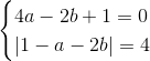 \begin{cases} 4a-2b+1=0 \\ \left | 1-a-2b \right |=4 \\ \end{cases}