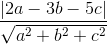 \frac{|2a - 3b - 5c|}{\sqrt{a^2 + b^2 + c^2}}